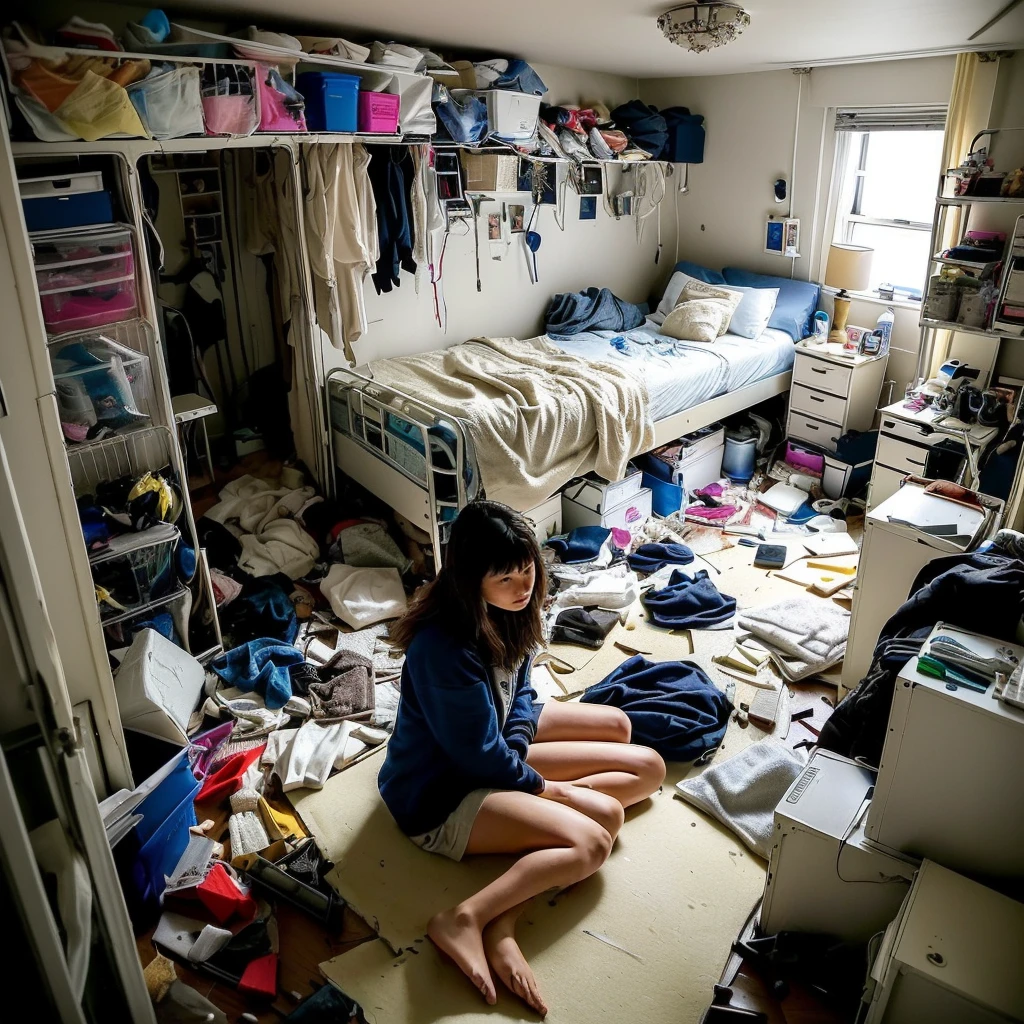 there is a woman sitting in a Messy room with a lot of clutter, inside a Messy room, Messy room, Claustrophobic room, Messy bedroom, Messy bedroomの中, Dirty room, Chaotic bedroom, Dirty apartment, In a decaying hospital room, Messy room, Crimmed New York apartment, A small room in Tokyo