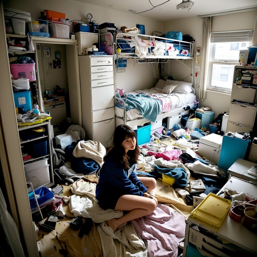 there is a woman sitting in a Messy room with a lot of clutter, inside a Messy room, Messy room, Claustrophobic room, Messy bedroom, Messy bedroomの中, Dirty room, Chaotic teen bedroom, Dirty apartment, In a decaying hospital room, Messy room, Crimmed New York apartment, A small room in Tokyo