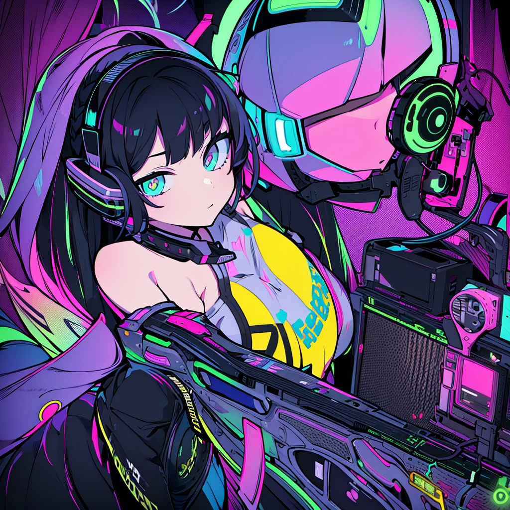 Best quality, (masterpiece:1.2), best detail face,1 girl, big breasts, 18 yo, 8k,absurdres,unity 8k wall paper,(extremely detailed:1.3), highest realistic, (retro headphones:1.1), (soft neon light:1.1), (floating hair:1.2), (psychedelic:1.2), Her room full of music equipment, Light clothing in summer, See the whole room, She is leaving the room, dark yellow color palette