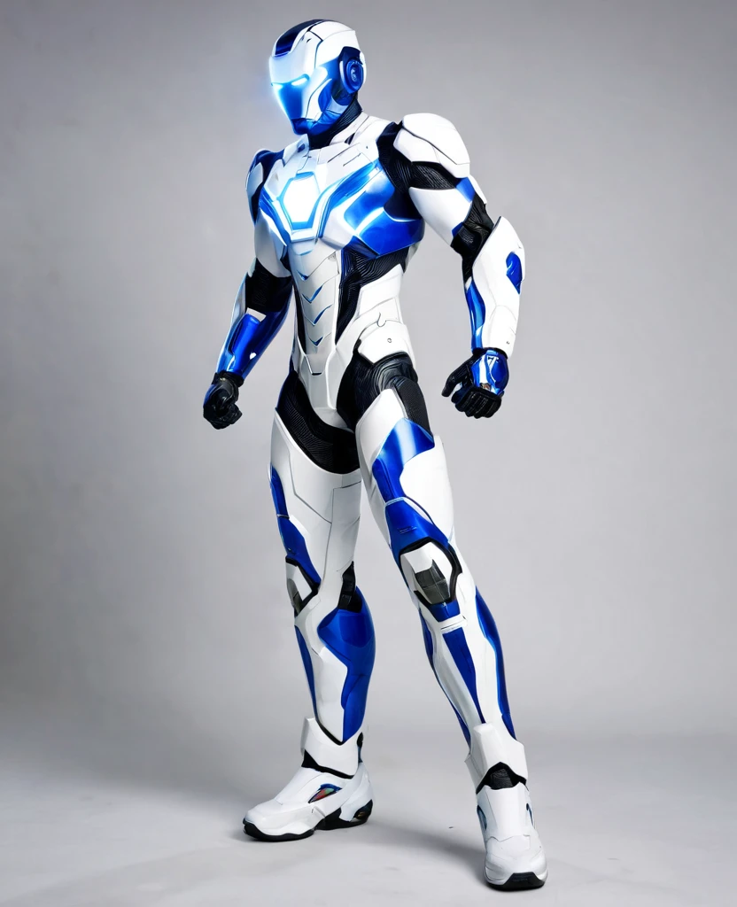 Human 2.0 artificial, blue and white random coloured, heroic, full body, human 2.0,