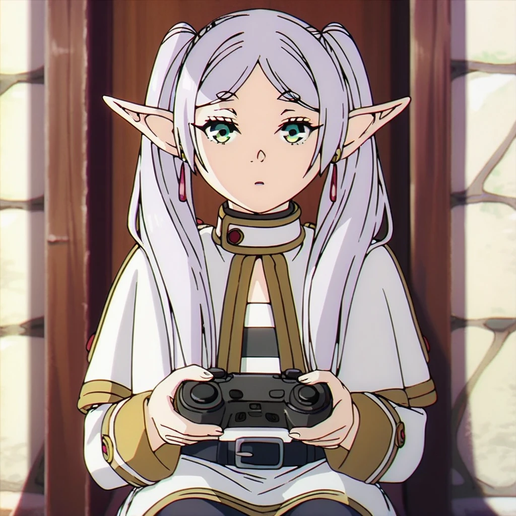 1girl, sfrieren, solo, elf, pointy ears, silver hair, white hair, green eyes, small breasts, flat chest, BREAK
robe, black pantyhose, brown boots, belt, capelet, upper body, sitting, BREAK
holding a videogame controller, holding, sit, sitting on a puff, puff, BREAK
score_9, score_8_up, score_7_up, score_6_up, anime,
(high quality, detailed, beautiful), shiny, detailed beautiful eyes, outstanding, countershading, detailed soft lighting