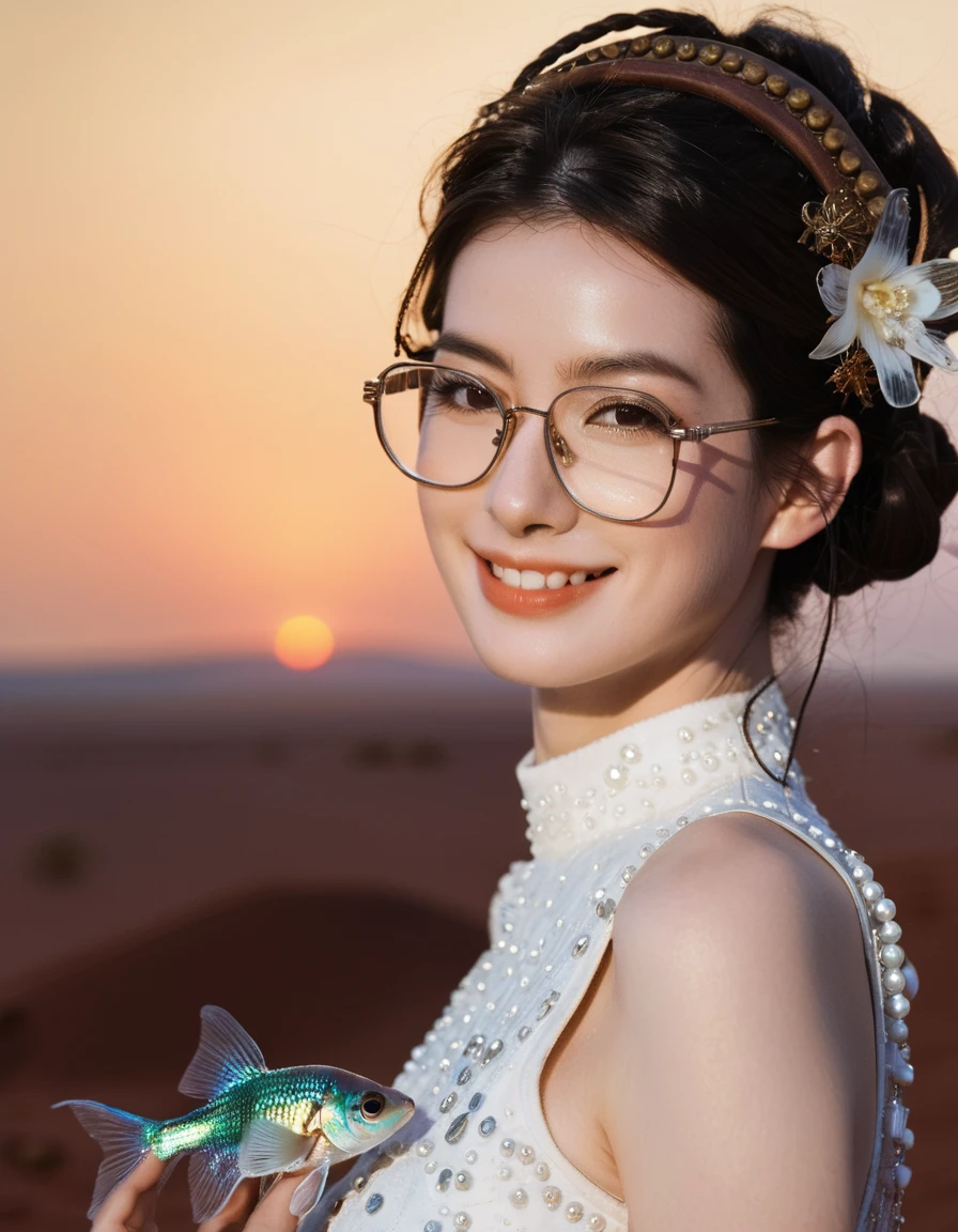 bird’s eye view fashion photoshoot of a cute smiling beautiful face young japanese woman,(realistic beauty skin, beauty detailed face, winged eyes, steampunk glasses), age 21 years old, ultimate-cute face, ultimate-eyes,((Anne Hathaway mixed face:1.1)),wearing a haute couture thai betta fish dress, on a tropical white realm dream glass_catwalk on mars, alexandrite lake in the background, pastel sunset. insanely detailed, film grain, Hasselblad X2D 100C + XCD 2,5/25V, F/1.8, (cinematic still:1.2), 35mm photograph, film,professional, 4k, highly detailed, perfect fingers ,Extremely Realistic, UHD,
