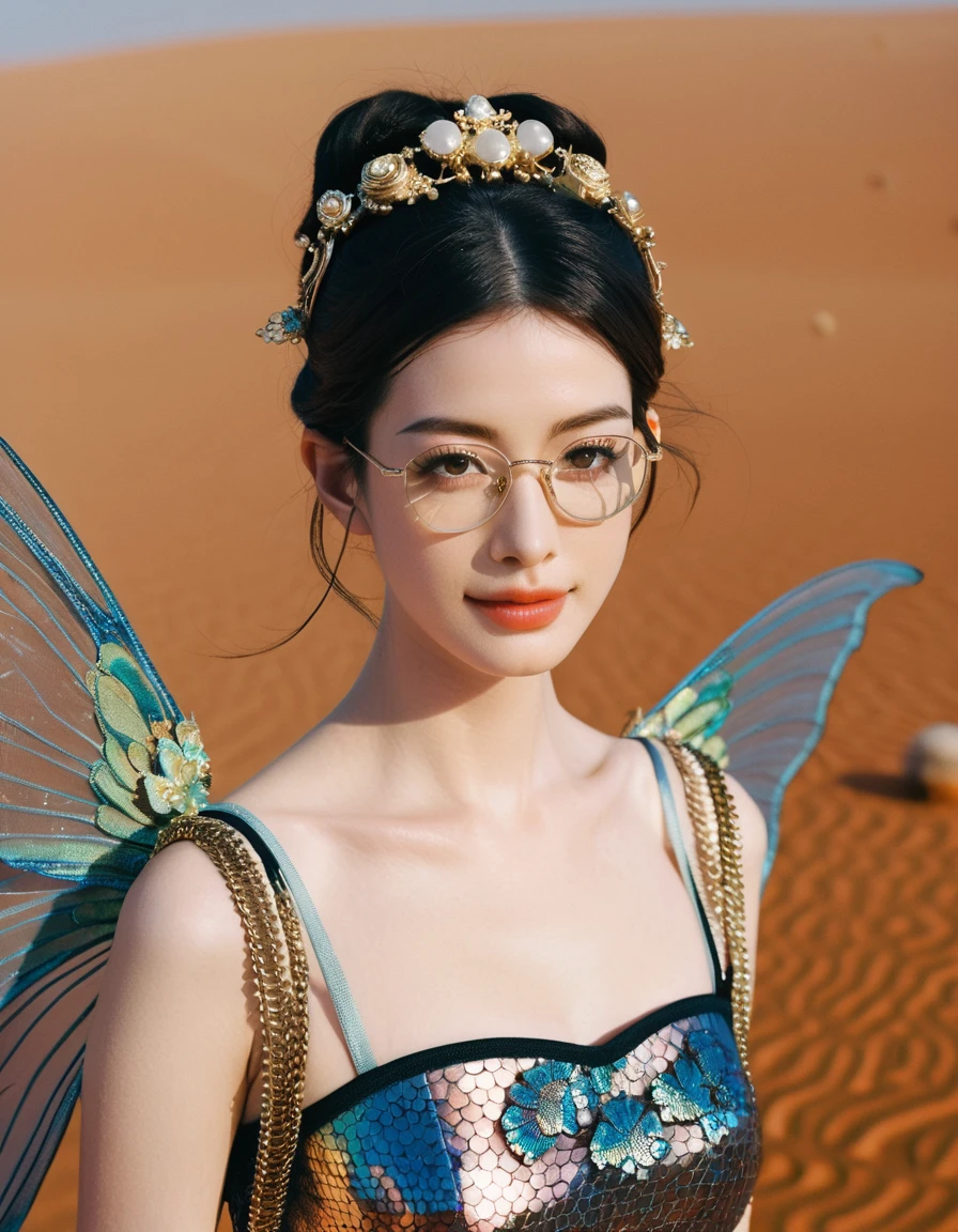 bird’s eye view fashion photoshoot of a cute smiling beautiful face young japanese woman,(realistic beauty skin, beauty detailed face, winged eyes, steampunk glasses), age 21 years old, ultimate-cute face, ultimate-eyes,((Anne Hathaway mixed face:1.1)),wearing a haute couture thai betta fish dress, on a tropical white realm dream glass_catwalk on mars, alexandrite lake in the background, pastel sunset. insanely detailed, film grain, Hasselblad X2D 100C + XCD 2,5/25V, F/1.8, (cinematic still:1.2), 35mm photograph, film,professional, 4k, highly detailed, perfect fingers ,Extremely Realistic, UHD,