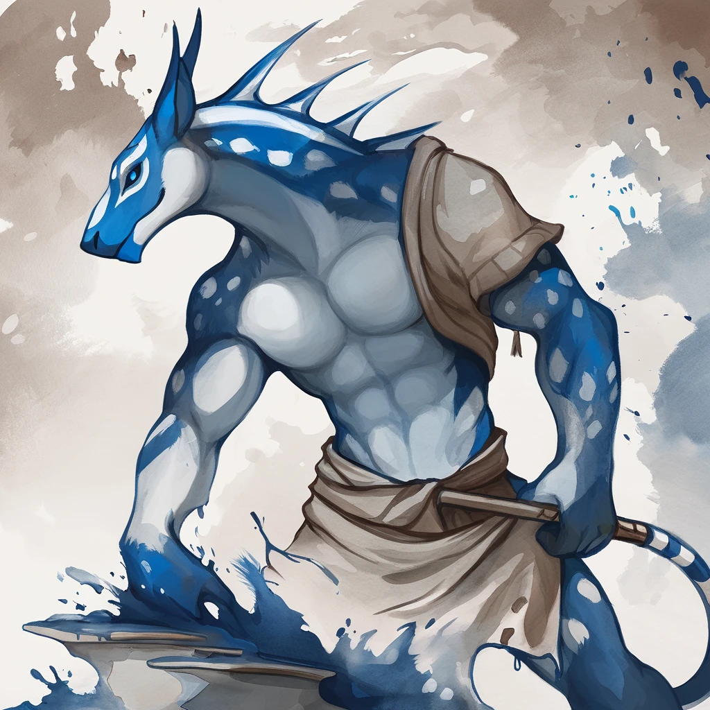 Zazak with blue white and brown color palette with background in ink and wash art style