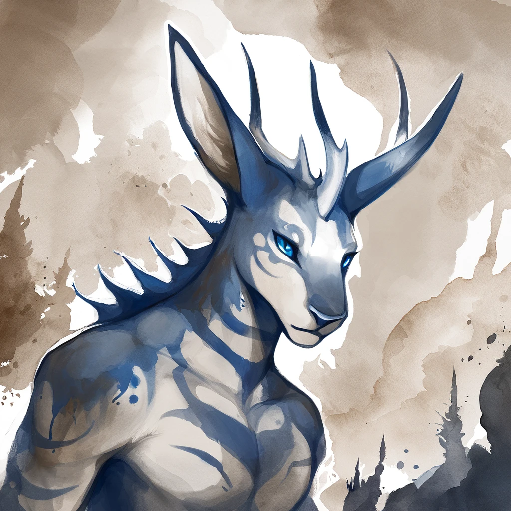 Zazak with blue white and brown color palette with background in ink and wash art style