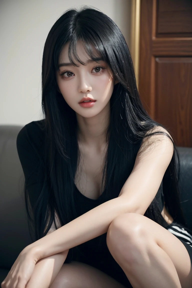 A man in a black shirt、Close-up of lady with long black hair, Ulzan, Korean Girl, She has black hair，With bangs, 2 4-year-old female model, Beautiful young Korean woman, Photos of slim girls, Beautiful Korean woman, Jisoo from Blackpink, cruel korean goth girl, Long hair, black hime cut hair, Instagram Models