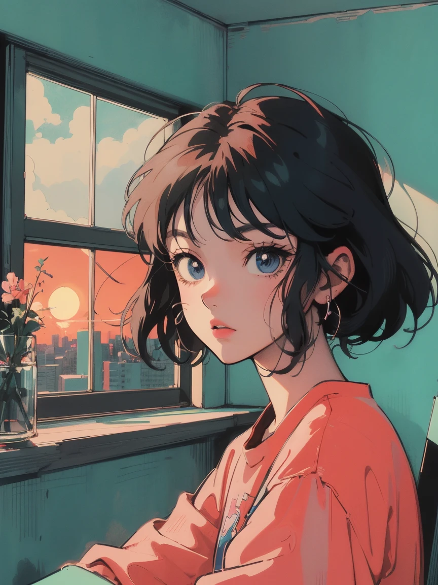 anime girl sitting on floor looking out window at city, anime aesthetic, anime vibes, Lofi Artstyle, Lo-fi portrait by the window, Watching the sunset. anime, Lofty Girl, anime art wallpaper 4 k, anime art wallpaper 4k, anime art wallpaper 8 k, anime background art, Lofi Color, Lofi Art, anime asthetic