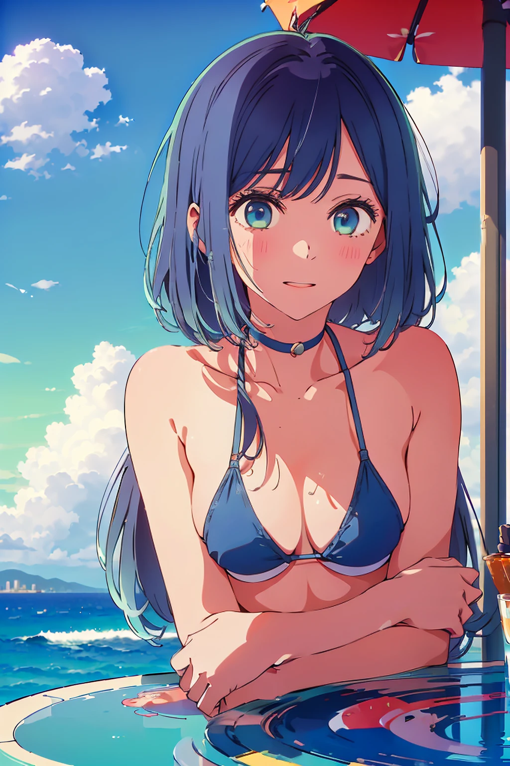 (Highest quality:1.4、masterpiece:1.4、Super detailed:1.4、Ultra-high resolution:1.4、8K:1.4)、F cup bust、Big Breasts、Slim body、((((1 person、Surprised expression、sit、Chair、In the background are the urban buildings of Tokyo、looking at the camera、Outdoor café terrace、coastal、Navy hair color、juice、Shooting up close、table、Very cute face))))、(Pose of putting hair behind ears with hands:1.4)、((nude、Areola、bikini size too small))、Very blue sky、A completely cloudless sky