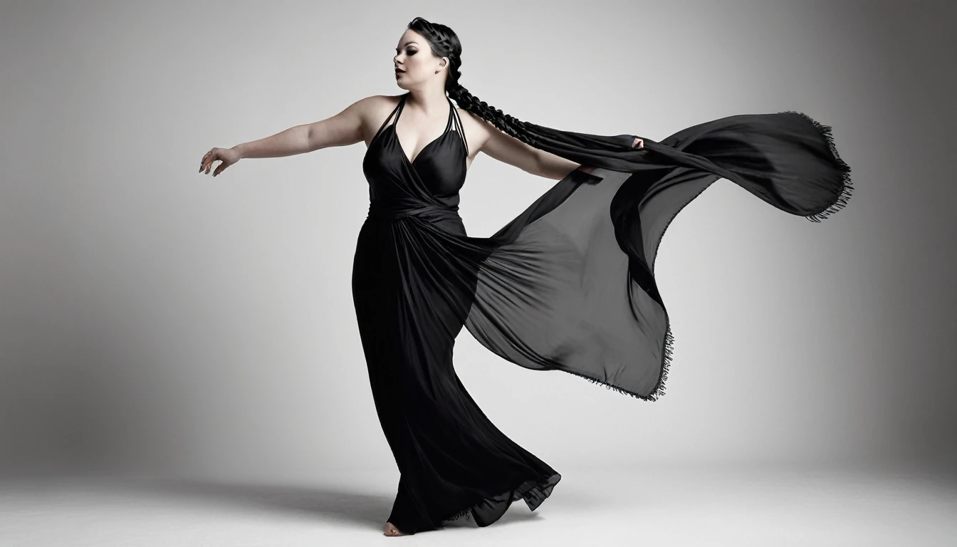 A stunning, high-realistic, studio photograph of a chubby scandinavian woman, (Ingrid Mueller) 35 years old, goth woman. black dyed hair , sidecut and braided hairstyle dancing, pale skin . make-up, dancing . clothed only in intricately draped, flowing black silk scarves, evoking a sense of elegance and grace. Captured in a monochromatic color palette, the black and white tone amplifies the textures and shadows, adding depth to the fluid, energetic movement of the subject. Soft, diffused lighting accentuates the woman's sinuous curves, as her slender limbs seem to blur in motion, exuding a sense of freedom and joy.