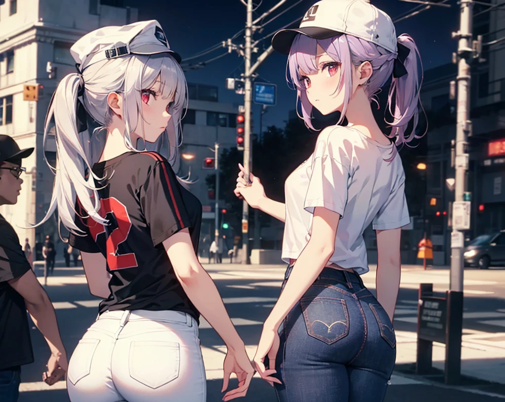 (Close-up:1.3),Realistic,Highest quality, Super detailed, High-quality CG rendering, The most delicate and beautiful, Floating softly, High resolution, (1 girl), (Highest quality,4K,8K,masterpiece:1.2), Light purple hair,(Very long ponytail:1.3),Red eyes,(Pure white oversized short sleeve T-shirt:1.3),(Black skinny jeans:1.3),(Pure white cap:1.3),In the city,old buildings,(Turn your back to your audience:1.3),Butt