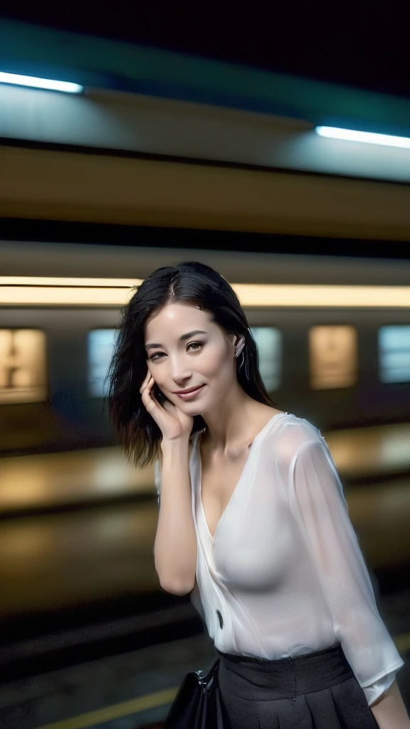 (((Very realistic, frontal, American shot photos of actresses taken by a professional photographer, very Seductive pose, 32k, 7 heads、looking at viewer, Staring Intently :1.5))),(A pure white, extremely thin fabric business short-sleeved open-neck shirt with a wide V-neck, Soaking wet:1.4)。((Highest quality)), ((masterpiece)), (((detailed))), (midnight ,A modern train station platform in Tokyo on a dark, pouring, stormy night, Low Key Lighting:1.6)、(((A very beautiful, extremely elegant and intelligent 39-year-old Japanese woman。Very intelligent and goddess-like face。An extremely elegant, calm and modest smile, Being drunk、My eyes are quite watery、I'm very horny、embarrassed ,blush, Curvy Body:1.9)))、(((A short, well-groomed, shiny black haircut。The skin is white and very smooth。A very hot rainy summer night、I'm pretty sweaty、My clothes were soaking wet and transparent、When wet, it sticks perfectly to your skin, revealing your beautiful body lines.、Through the extremely thin fabric, her skin and her navy blue, lacy, high-end underwear are clearly visible.:1.9)))。(((A simple and elegant business pencil skirt in a plain navy blue knee-length,The clothes fit the body very well:1.8))), (Healthy Body、The line of the chest, collarbone and décolletage are extremely beautiful.:1.9)。She is looking straight at the camera with a very shy look on her face.。Light makeup and no piercings,A simple and modest pearl necklace、(((She is holding her crotch tightly with both hands over her skirt.、large chests )))