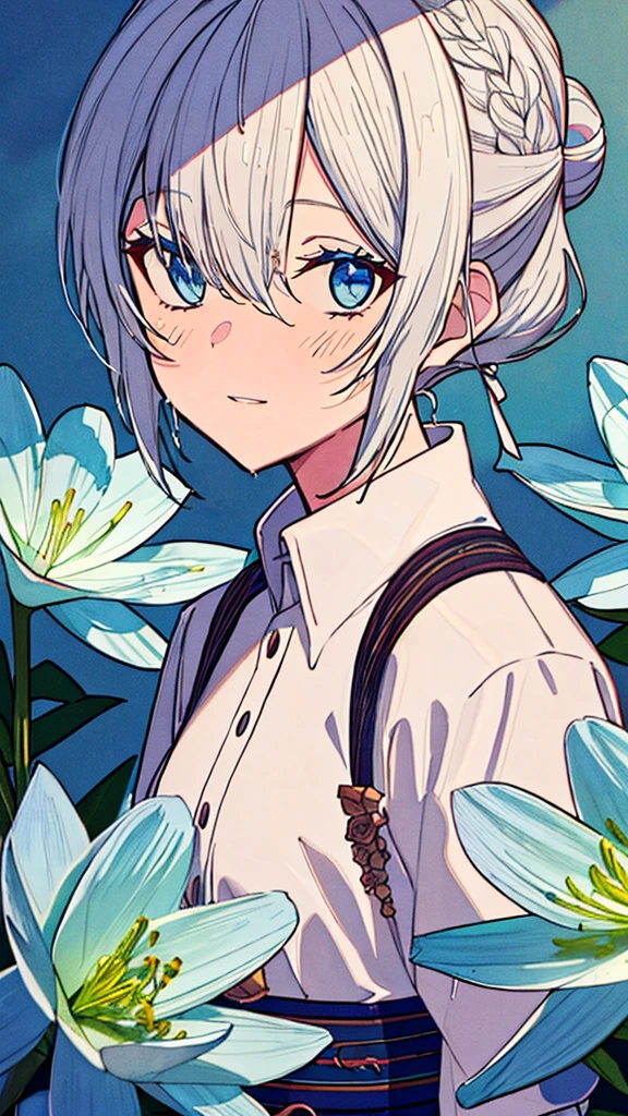 1cute femboy,beautiful detailed eyes,beautiful detailed lips,extremely detailed eyes and face,longeyelashes,white hair,blue eyes,short hair in bun with flowers,shorts,surrounded by flowers,lilies,roses,poppies,wet clothing, his clothes shines trough, little waist,no bust,blushing cheeks,4k wallpaper,high quality render,super detailed render,2D,super detailed,high quality,4k,HD,high quality hair