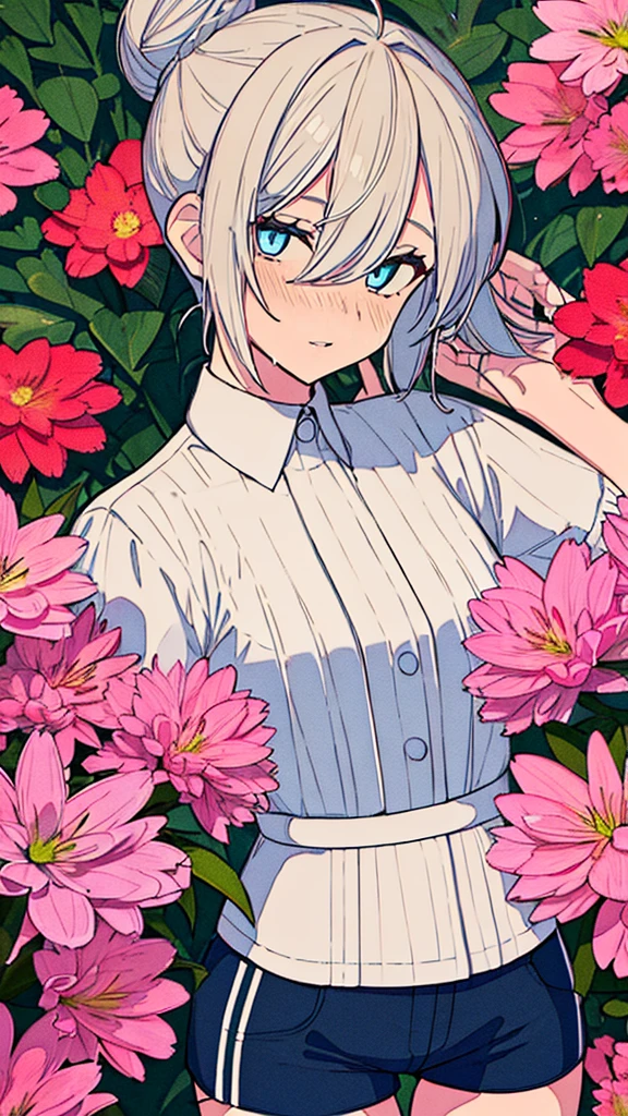 1cute femboy,beautiful detailed eyes,beautiful detailed lips,extremely detailed eyes and face,longeyelashes,white hair,blue eyes,short hair in bun with flowers,shorts,surrounded by flowers,lilies,roses,poppies,wet clothing, his clothes shines trough, little waist,no bust,blushing cheeks,4k wallpaper,high quality render,super detailed render,2D,super detailed,high quality,4k,HD,high quality hair