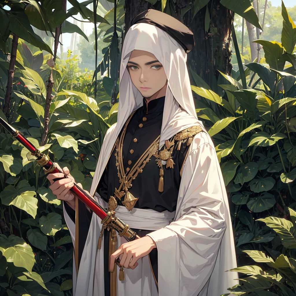 jungle, young Handsome man, Islam, black Songkok, dignified face, simple white thobe, (((many subordinates behind him))),(armed with a saber), 32k, Best quality, Masterpiece, super detail, High Details, Highest quality, masterpiece, Representative works, Official Art, Professional, Super intricate details, 8K