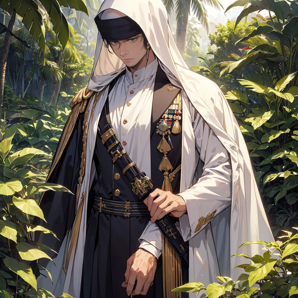 jungle, young Handsome man, Islam, black Songkok, dignified face, simple white thobe, (((many subordinates behind him))),(armed with a saber), 32k, Best quality, Masterpiece, super detail, High Details, Highest quality, masterpiece, Representative works, Official Art, Professional, Super intricate details, 8K