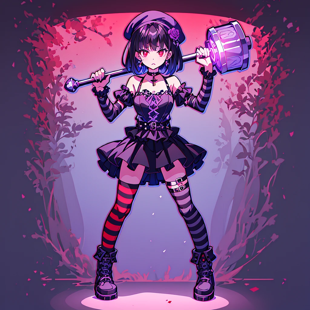 ultra detailed,best quality,game character, cool beauty,lady,20 year old,1girl, solo,full body,standing,Low Angle,dynamic pose,character focus,white Background,simple background, {{yandere,make-up,short bob hair,Black hair,deep purple hair, red eyes,serious,dark persona,cross silver accessory}},{{Black beret,corsage, pierced earrings,choker,Black Gothic punk Style,bell mini skirt,purple flower pattern Dress, black and white striped over the knee socks, long black boots}},{{ holding a huge hammer in both hands ,standing}},