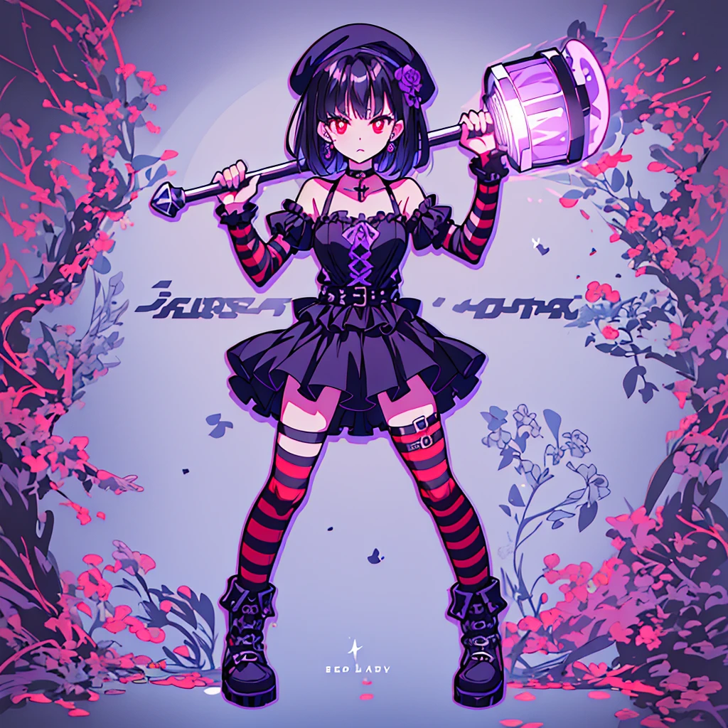 ultra detailed,best quality,game character, cool beauty,lady,20 year old,1girl, solo,full body,standing,Low Angle,dynamic pose,character focus,white Background,simple background, {{yandere,make-up,short bob hair,Black hair,deep purple hair, red eyes,serious,dark persona,cross silver accessory}},{{Black beret,corsage, pierced earrings,choker,Black Gothic punk Style,bell mini skirt,purple flower pattern Dress, black and white striped over the knee socks, long black boots}},{{ holding a huge hammer in both hands ,standing}},