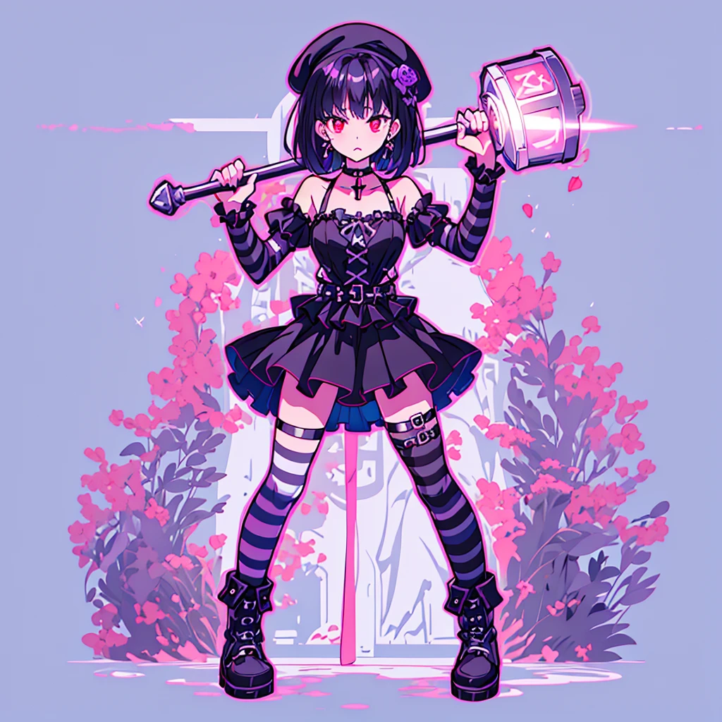 ultra detailed,best quality,game character, cool beauty,lady,20 year old,1girl, solo,full body,standing,Low Angle,dynamic pose,character focus,white Background,simple background, {{yandere,make-up,short bob hair,Black hair,deep purple hair, red eyes,serious,dark persona,cross silver accessory}},{{Black beret,corsage, pierced earrings,choker,Black Gothic punk Style,bell mini skirt,purple flower pattern Dress, black and white striped over the knee socks, long black boots}},{{ holding a huge hammer in both hands ,standing}},