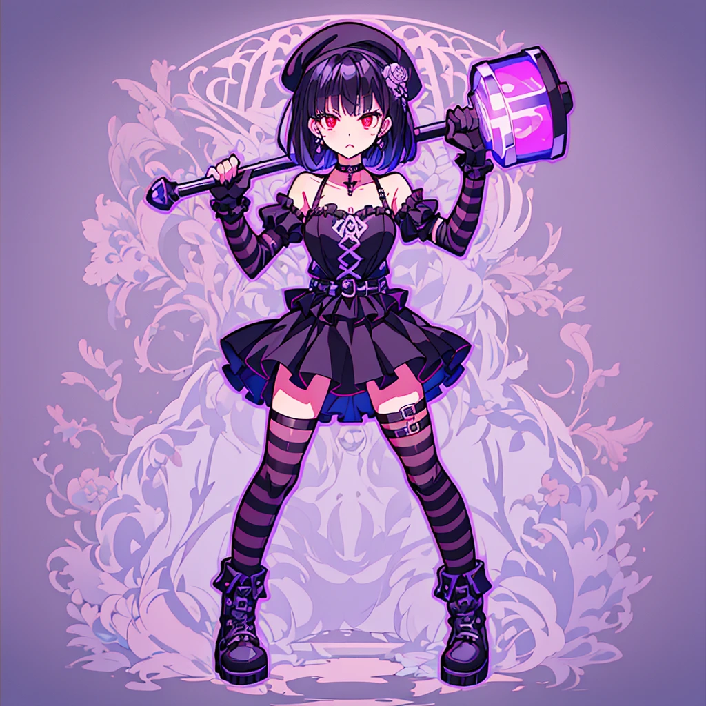 ultra detailed,best quality,game character, cool beauty,lady,20 year old,1girl, solo,full body,standing,Low Angle,dynamic pose,character focus,white Background,simple background, {{yandere,make-up,short bob hair,Black hair,deep purple hair, red eyes,serious,dark persona,cross silver accessory}},{{Black beret,corsage, pierced earrings,choker,Black Gothic punk Style,bell mini skirt,purple flower pattern Dress, black and white striped over the knee socks, long black boots}},{{ holding a huge hammer in both hands ,standing}},