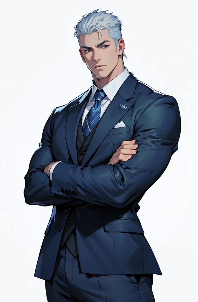 Drawing of a young Chad, Dark blue suit,hong&#39;se&#39;r tie， White shirt，Pants，入耳式earphone，earphone， Looking at the camera, male，Silver short hair，Blue Eyes，muscle，bodyguard,Light and Shadow，（Luminescence：1.5），（Cyberpunk：1.5）