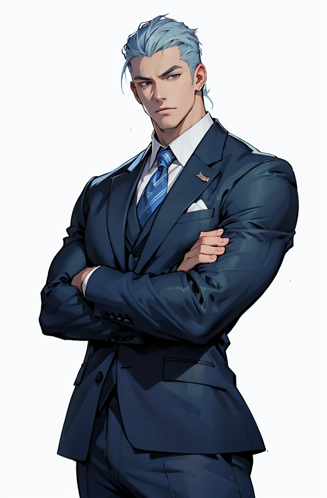 Drawing of a young Chad, Dark blue suit,hong'se'r tie, White shirt,Pants,入耳式earphone,earphone, Looking at the camera, male,Silver short hair,Blue Eyes,muscle,bodyguard,Light and Shadow,(Luminescence:1.5),(Cyberpunk:1.5)