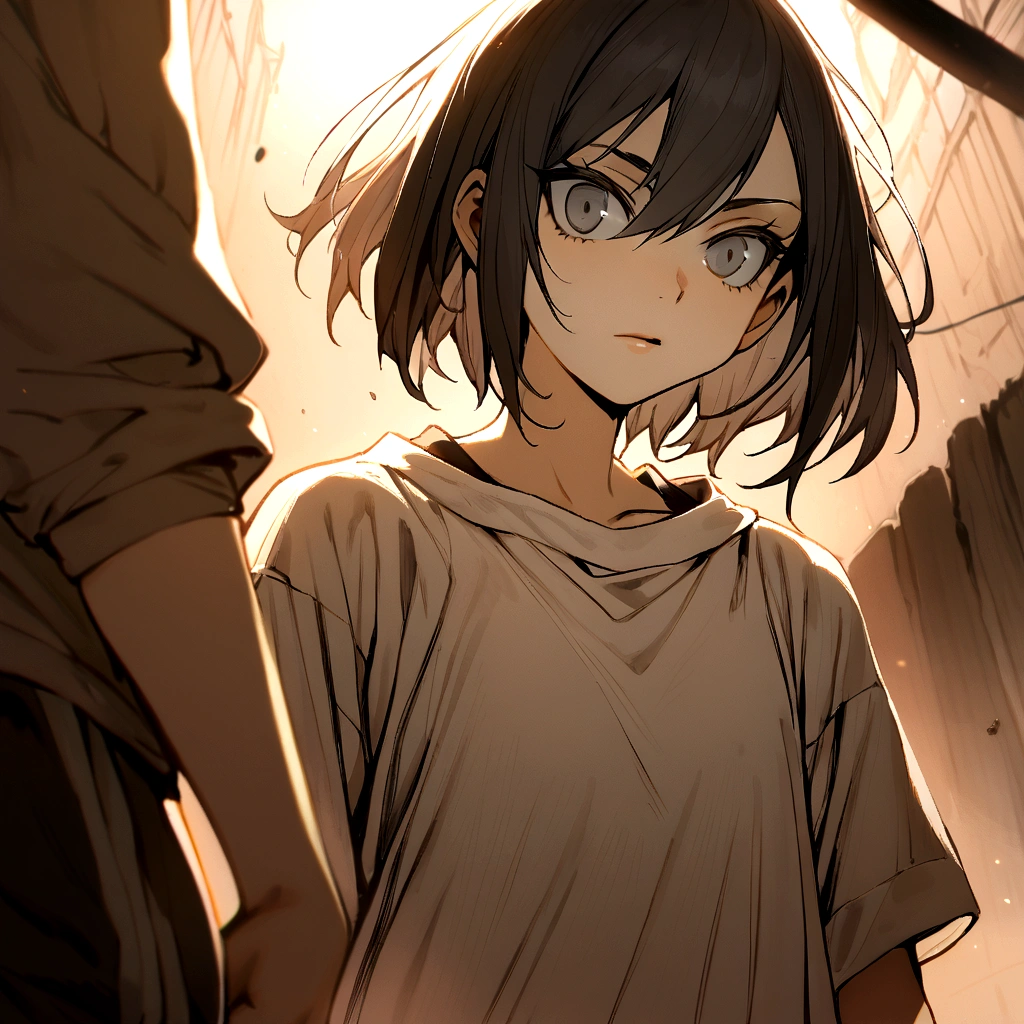 make me a female, 15 years old, black short hair, grey eyes, oversized white shirt, black sweatpants, she's grinning, battlefield behind her