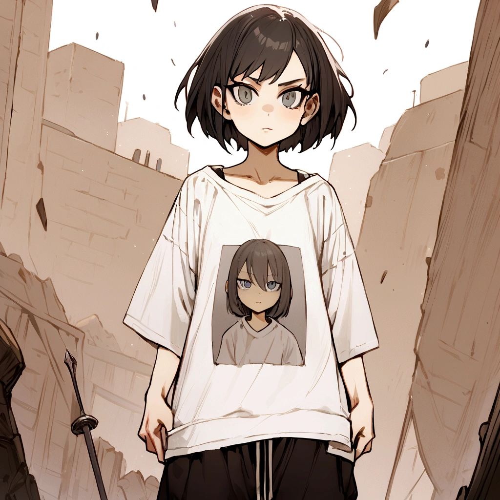 make me a female, 15 years old, black short hair, grey eyes, oversized white shirt, black sweatpants, she's grinning, battlefield behind her