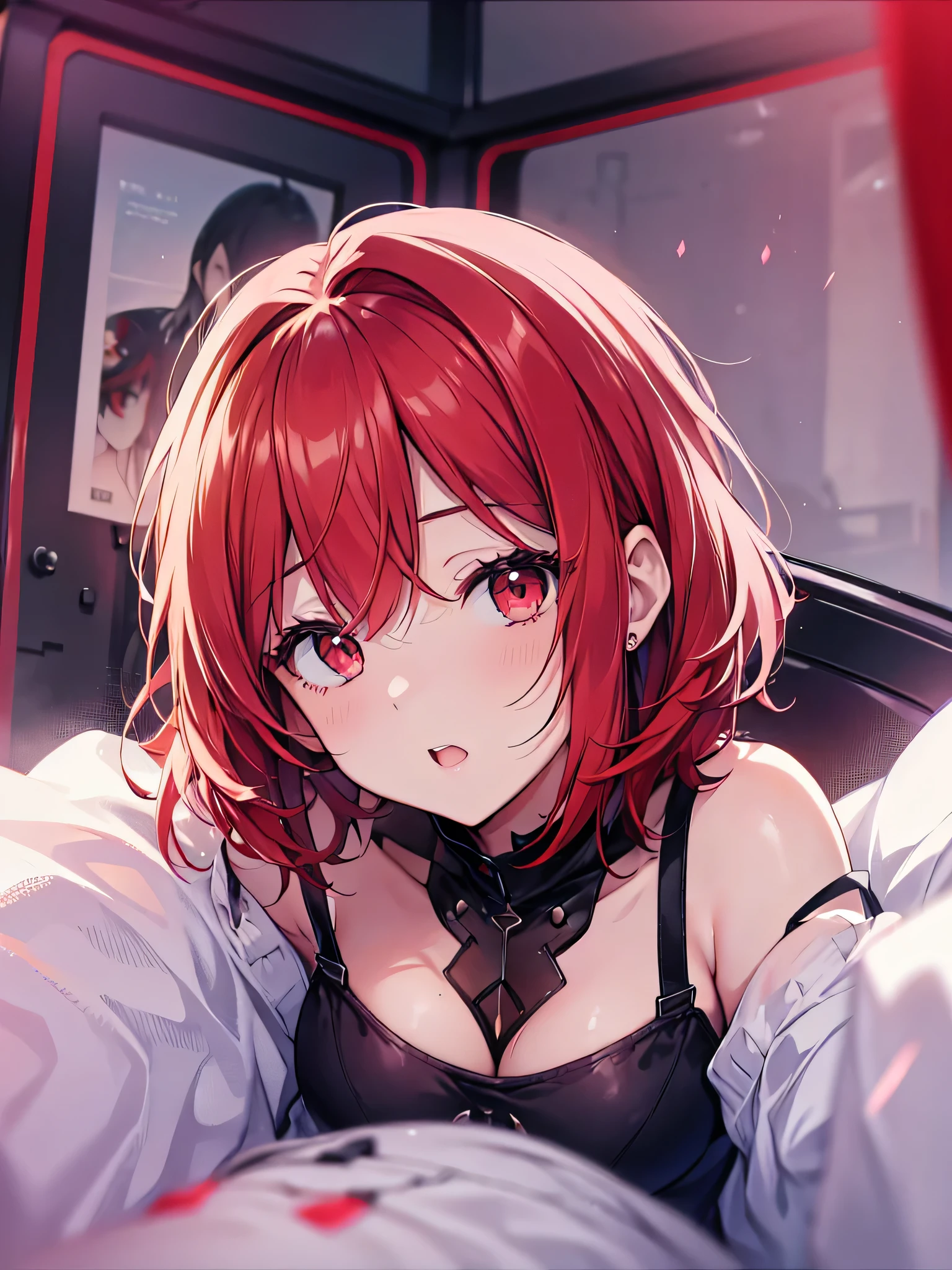 (masterpiece, Highest quality, Dazzling Light, That stood out, Shiny skin, Very detailedな, Detailed Background, Complex background),((1 Girl)),(Perfect Face, Detailed face, Beautiful Eyes,Perfect hands,Perfect Fingers)masterpiece、Very detailed、(1 Girl:1.2)、(((Redhead)))、Big eyes、close、Laughter、8K、short hair、(((Anime Style)))、(((2d)))、(((Red eyes)))、Open your mouth、(((Masturbation)))、A system that allows you to see the face between your legs、Please open your mouth wide、that'Come、Wistful face、Make colors more vivid、Eyes are about to close、Get on all fours、turn around、haa、Embarrassed expression(1:2)、((Heavy breathing))、underwear、See-through underwear、(((大きくSpread your legs)))、sthat、Lie down in bed、Red bed、Legs wide open、Pretending to sleep、Peeking from above、Beautiful back、Muscular pussy(((See-through underwear)))、(((No sleeve)))、(((Big Breasts)))、Shining Eyes、BIG ASS、Beautiful back、Push the bed wthath your 、((Downward))、Spread your legs