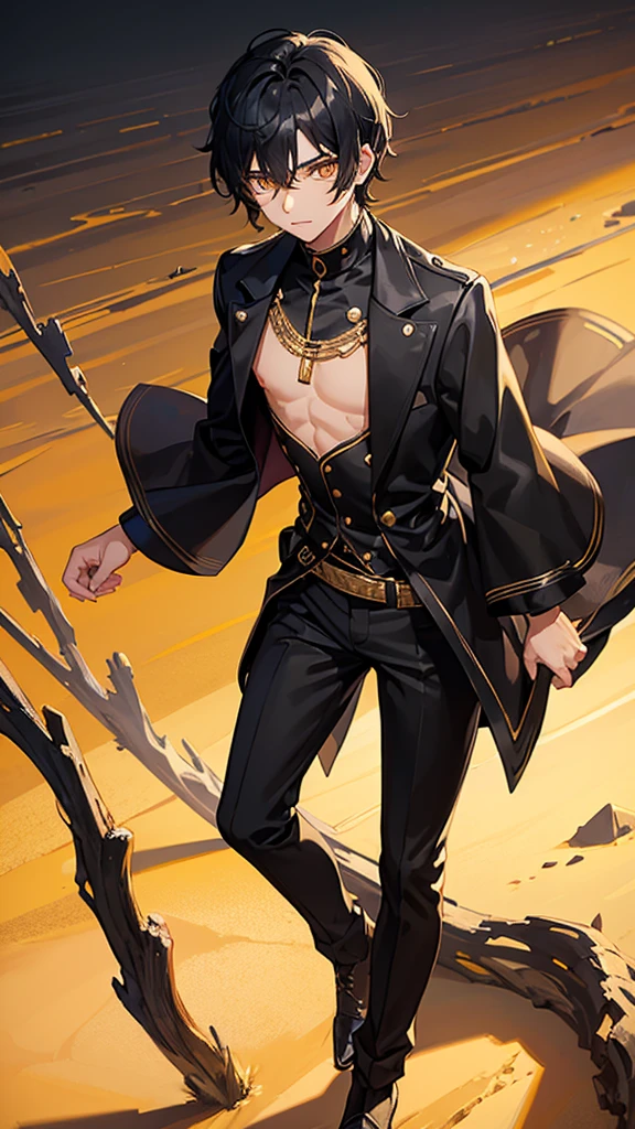 Boy with black hair and golden eyes dressed in black with a desert in the background of the image

