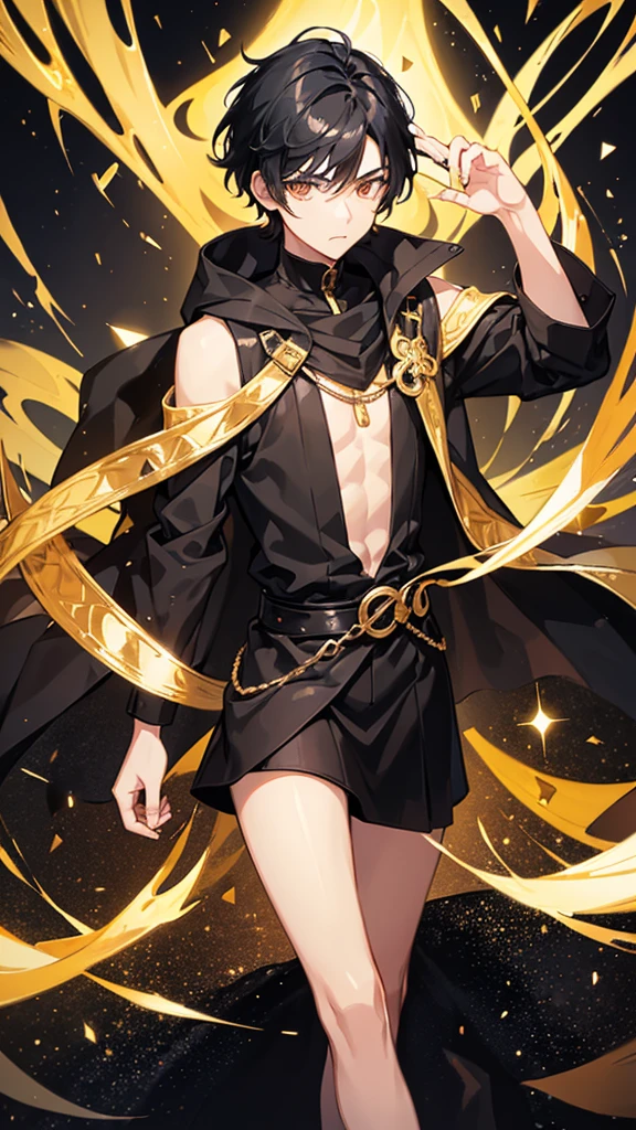 Boy with black hair and golden eyes dressed in black with a desert in the background of the image