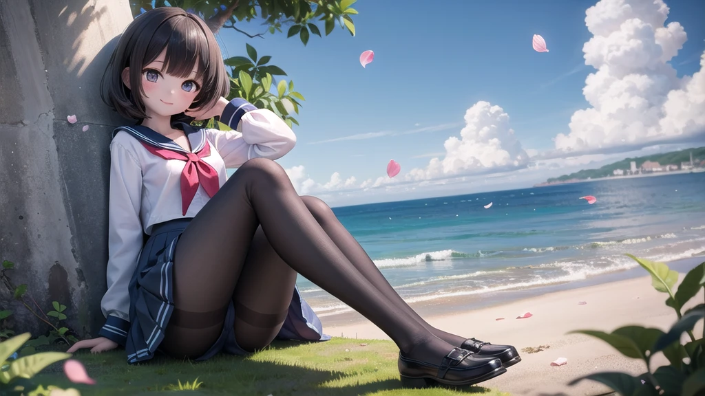 (masterpiece), town, blue sky, One Girl, Place the person on the right, smile, alone, Sailor suit、Long skirt, Overgrown, petal, plant、Skirt lining、Translucent slip、nostalgic、Black Pantyhose、I can see the ocean in the distance, Crotch close-up