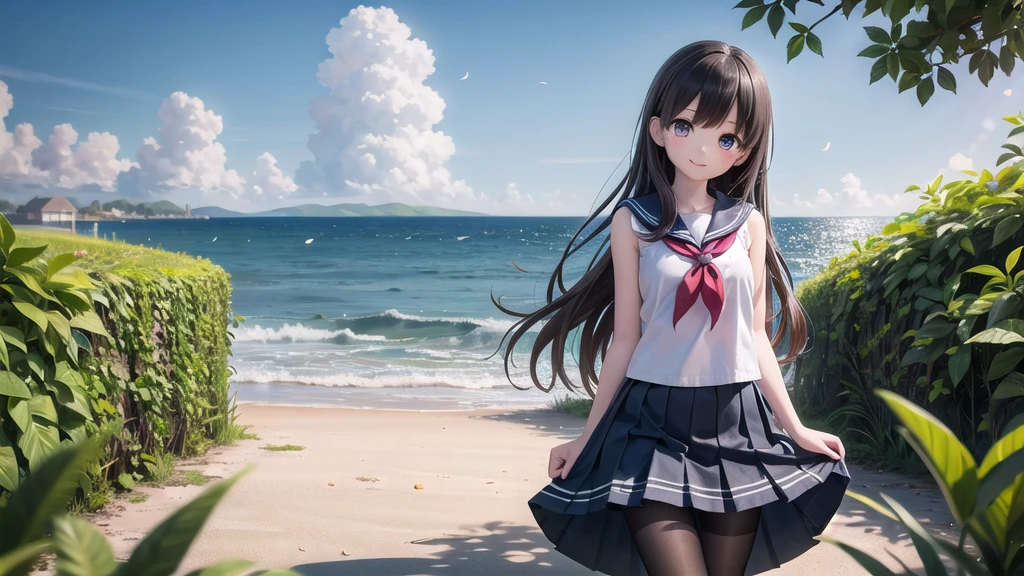 (masterpiece), town, blue sky, One Girl, Place the person on the right, smile, alone, Sailor suit、Long skirt, Overgrown, petal, plant、Skirt lining、Translucent slip、nostalgic、Black Pantyhose、I can see the ocean in the distance, Crotch close-up
