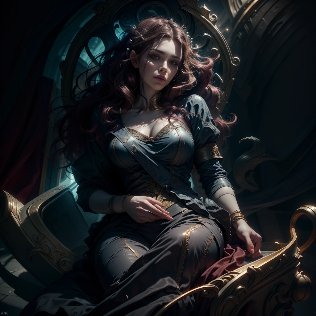 (full body portrait:1.0), a beautiful queen of hearts, elegant long red dress, flowing red cape, golden crown, striking red makeup, piercing gaze, regal posture, ornate throne, dark gothic castle, dramatic lighting, (best quality,4k,8k,highres,masterpiece:1.2),ultra-detailed,(realistic,photorealistic,photo-realistic:1.37),intricate details,cinematic composition,vibrant colors,chiaroscuro lighting,dramatic shadows,fantasy,digital art