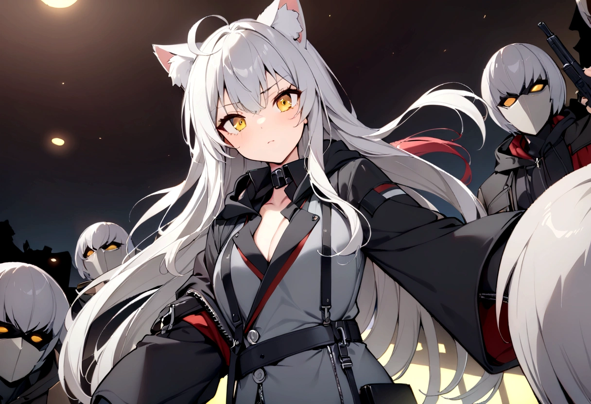 Serious face、A large number of subordinates can be seen in the distance、Surrounded by operatives、Give a command、Secret Police Meeting Room、Gray cat ears、Gray cat ears、(masterpiece, best quality:1.2), 1girl, 独奏、Grey long hair、Ahoge、Yellow Eyes、Background of a military base with guns、Fisheye Lens、battlefield、Shadows of light and darkness、Expressionless、battle、Gray trench coat、Put a black hoodie over your arm、Surrounded by enemies、Zip hoodie worn over the arm