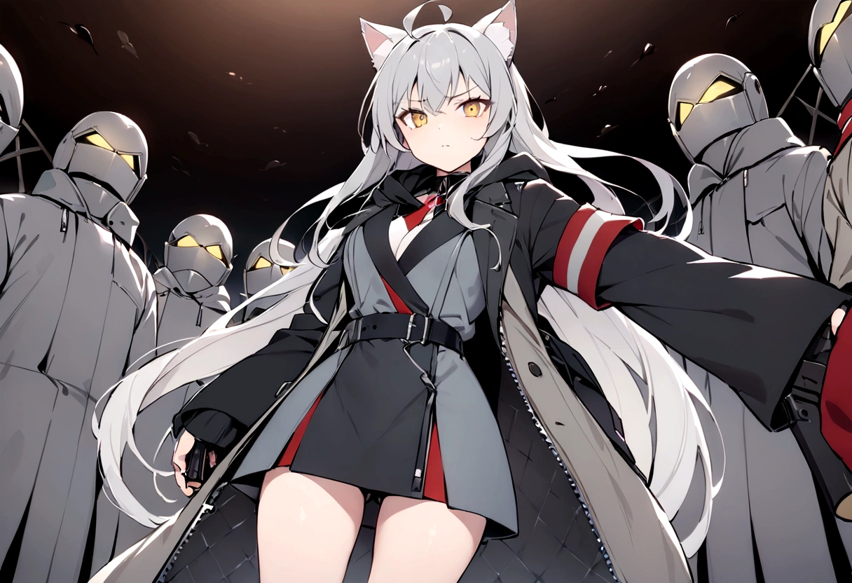 Serious face、A large number of subordinates can be seen in the distance、Surrounded by operatives、Give a command、Secret Police Meeting Room、Gray cat ears、Gray cat ears、(masterpiece, best quality:1.2), 1girl, 独奏、Grey long hair、Ahoge、Yellow Eyes、Background of a military base with guns、Fisheye Lens、battlefield、Shadows of light and darkness、Expressionless、battle、Gray trench coat、Put a black hoodie over your arm、Surrounded by enemies、Zip hoodie worn over the arm