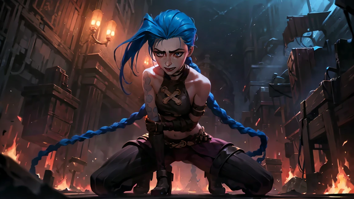 (masterpiece, Best quality), 1 girl, portrait, very sexy, erotica, having sex with a guy, nude, Beautiful elastic breasts, Volume , full length (full body 1.1.), очень feminine, fighting stance, battle, fire, explosions, burning city, Beautiful waist, gloomy composition, flame, fire, Flash, very beautiful, feminine, long hair, hair braided in long braids, very sexy, tight leather pants, emphasis on the eyes, face accent, Beautiful face, Hands, Hair, Haired ponytail, red purple eyes, Jinx is crying, Blue cloud tattoo, (masterpiece, Best quality), Side lighting, beautiful detailed eyes, crazy face), (Best quality), (masterpiece), magic photography, Spectacular lighting, Photorealism, ultra detailed, интимная portraitная композиция, 1. 4,8 k UHD, aesthetic, Cd., A high resolution, 8 k, better lighting, Best shade, Ultra-HD, A high resolution, sharp focus, Complex background, Cinematic lighting, ((Landscape view)), 4K block, (better lighting), ((Cinematic lighting)),