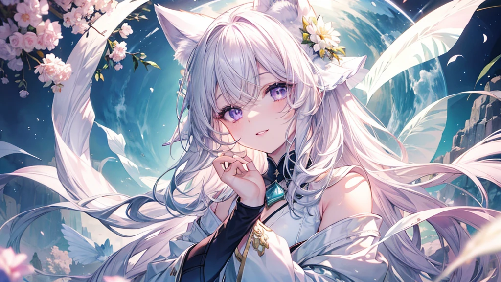 (Highest quality、masterpiece、Super fine、Super fine、Exquisite、16K、Full HD) 、mysterious、Fantasy、Fantasy World、adventure、village、Soft sunlight、Clear skies、smile、(Full of energy)(Purple Eyes、Long eyelashes、White skin、slim、Pale pink lips、Pale pink cheeks、thin and long)、(Thin and high nose、Small Nose)、1 girl foxear whitefox