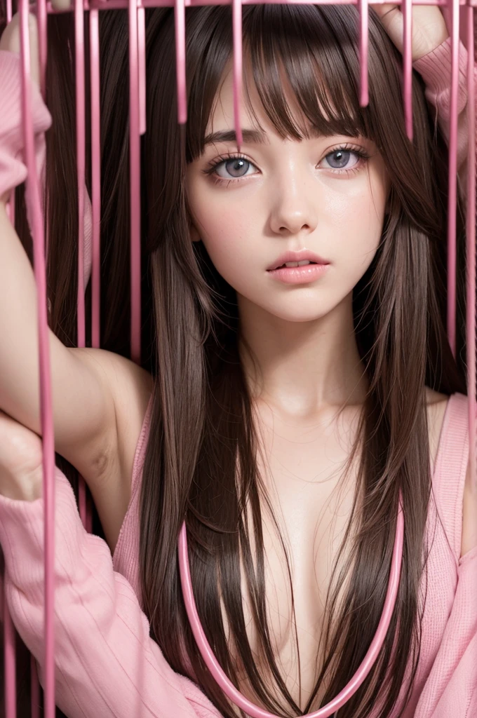  straight-haired brunette trapped lying in a pink cage