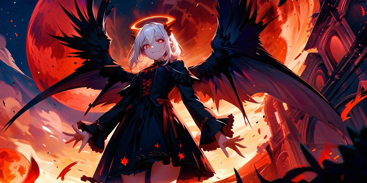 Masterpiece, top quality, bright colors, one girl, white hair, black hair, magenta hair, red eyes, glowing eyes, dark atmosphere, black wings, black halo, fallen angel, from below, descending from heaven, gothic clothes, looking down , Blood, ((Blood Moon, Red Moon))), Purple Aura, Divine Advent, Fire, Cinematic Lighting, Glowing Aura Lighting, Full Body, Spectacular Background, starrystarscloudcolorful