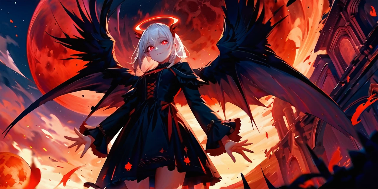 Masterpiece, top quality, bright colors, one girl, white hair, black hair, magenta hair, red eyes, glowing eyes, dark atmosphere, black wings, black halo, fallen angel, from below, descending from heaven, gothic clothes, looking down , Blood, ((Blood Moon, Red Moon))), Purple Aura, Divine Advent, Fire, Cinematic Lighting, Glowing Aura Lighting, Full Body, Spectacular Background, starrystarscloudcolorful