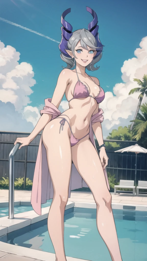 3 girls High level image quality best image quality 8K adult woman pool party rain palm trees more colors whole body view portrait bikini horn ears short hair((shortcut)(gray hair)(perm)(fluffy)) eye color is blue , , attractive evil face , smile , sexy pose , labrynth , barearm , wearing pink robe , standing by the pool , all wet , view foot arc , view from side