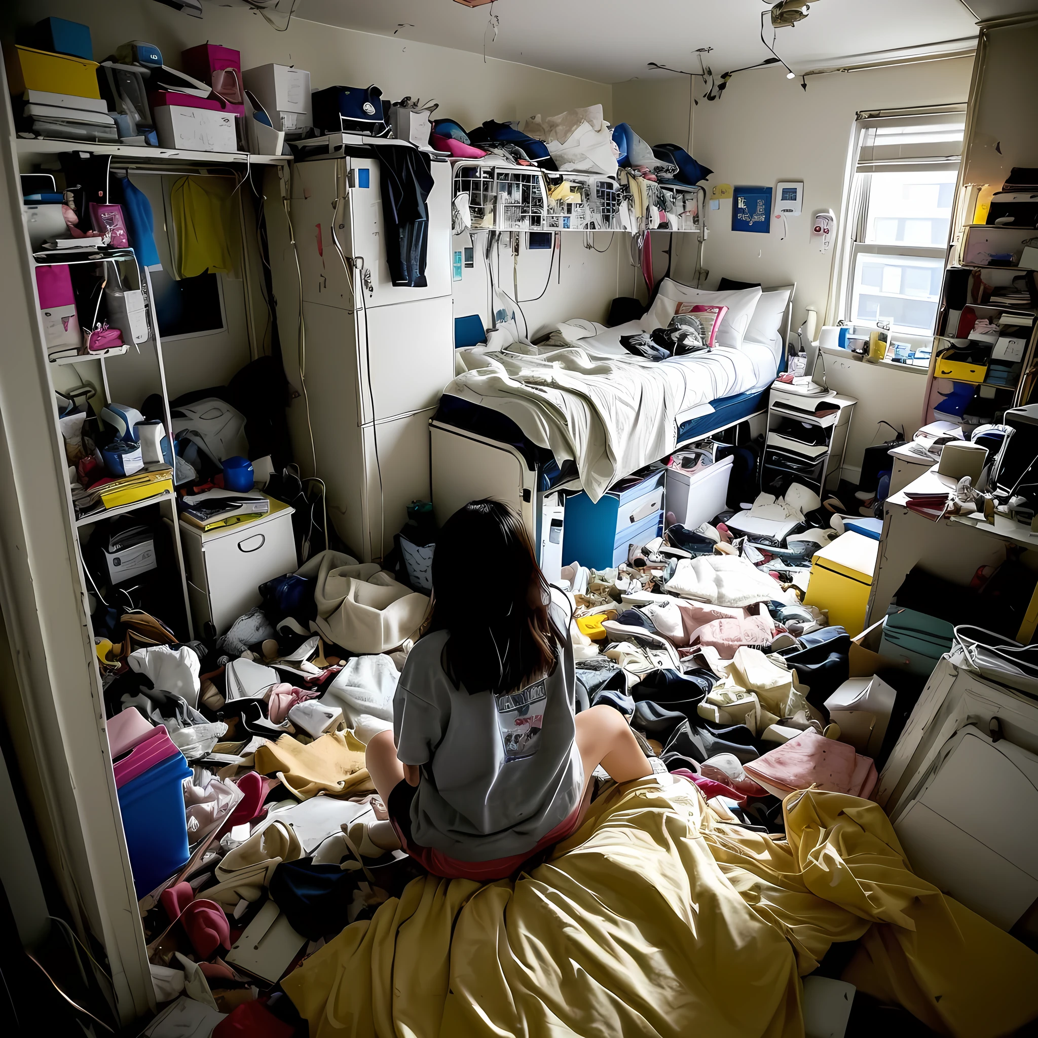 there is a woman sitting in a Messy room with a lot of clutter, inside a Messy room, Messy room, Claustrophobic room, Messy bedroom, Messy bedroomの中, Dirty room, Chaotic teen bedroom, Dirty apartment, In a decaying hospital room, Messy room, Crimmed New York apartment, A small room in Tokyo