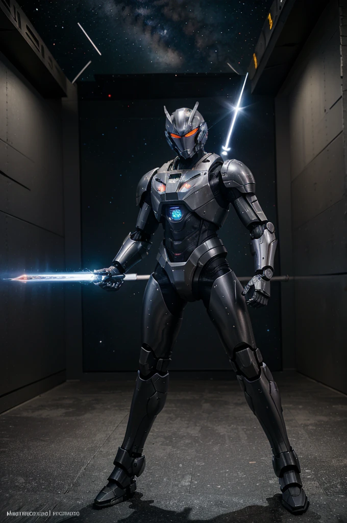 "Create a detailed, futuristic image of a giant mecha commando in space. Humanoid form, with flexible and agile anatomy allowing for swift movements. Armor should be sleek and smooth. Colored primarily in black with silver lines. Armed with a plasma sword. Background: outer space."