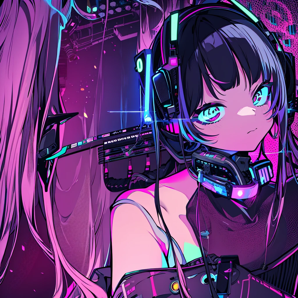Best quality, (masterpiece:1.2), best detail face,1 girl, big breasts, 18 yo, 8k,absurdres,unity 8k wall paper,(extremely detailed:1.3), highest realistic, (retro headphones:1.1), (soft neon light:1.1), (floating hair:1.2), (psychedelic:1.2), Her room full of music equipment, Light clothing in summer, See the whole room, She is leaving the room, dark bordeaux palette