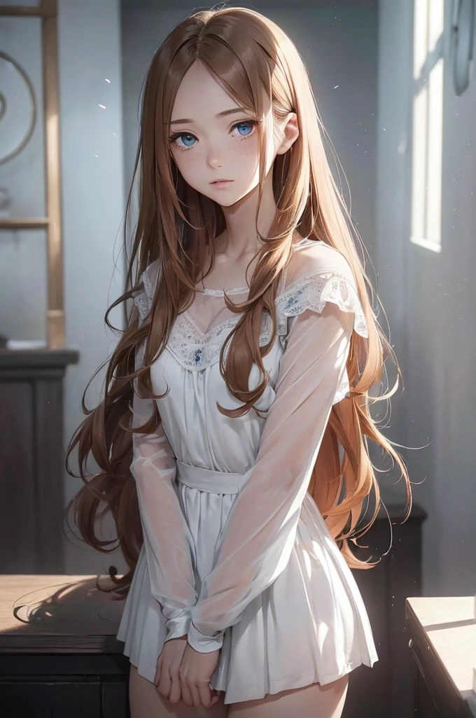 ((1 Female, 1 person, Solitary) Alice, Humanity, Long curly blond hair, blue eyes, freckle, ager, 18 years, Rebirth_ongoing) (Main Part, Super detailed, 8K, (HD, Sunlight:0.5, Soft_shadow:0.5, atmosphere_light, 8K, 4K, Surrealism, elegant, ((((Appearance)))), Soft Ton, 柔和的light))(((Dark, Chiaroscuro)))