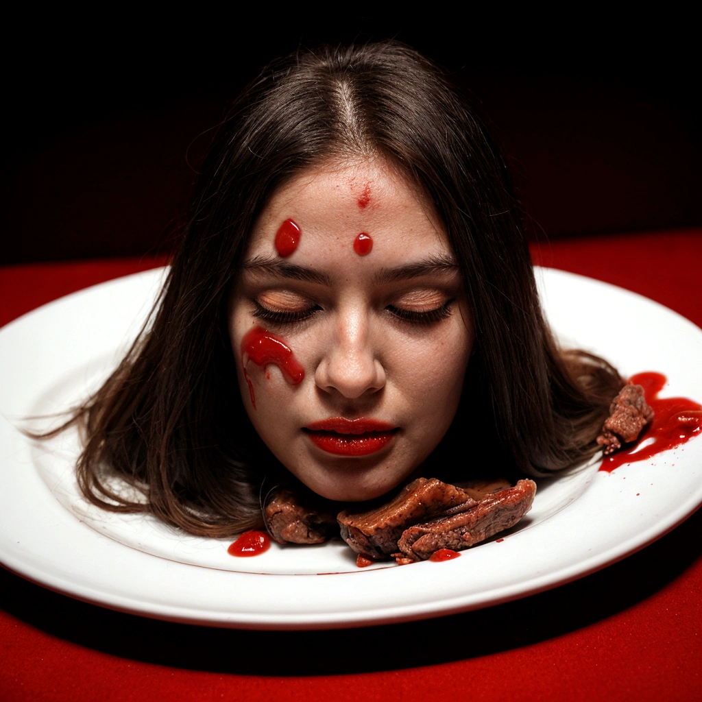 decapitated female head on a plate, covered in flesh, full of blood, ((eyes closed)), served like a food dish, bloody, photorealistic, 4K, Nikon, horror, agehao face