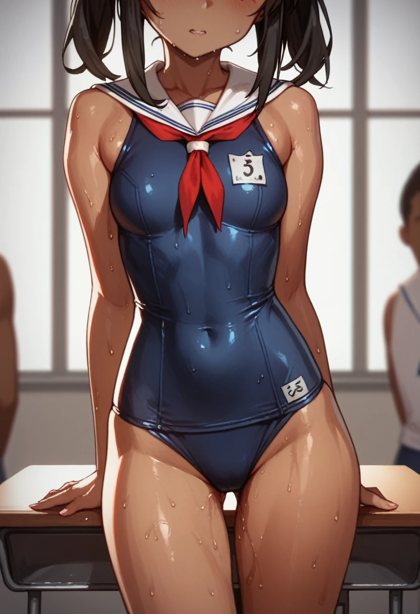 　(((Dark brown skin))) 　Azur Lane　Sailor suit　School Swimsuit　　Black Hair　 sweat　　classroom　Love juice 　