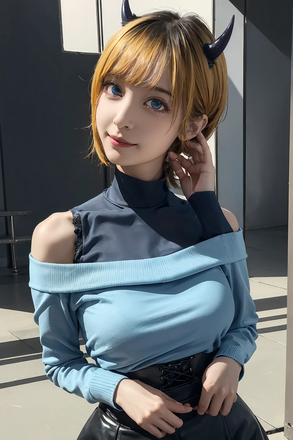 memcho, memcho, (Big Breasts:1.3), Blonde, blue eyes, Blunt bangs, devil horn, fake horn, horn, short hair, Breaking the Bare Shoulders, black skirt, (blue sweater: 1.5), Long sleeve, Off the shoulder, Off the shoulder sweater, Puffy sleeves, skirt, sweater, White ribbon, Taking a break from watching the audience,  (at the park), (masterpiece: 1.2), best quality, High resolution, Unity 8k wallpaper, (An illustration: 0.8), (Beautiful eye details: 1.6), Very detailed顔, Perfect lighting, Extremely detailed CG, (Perfect hands, Perfect Anatomy) , Perfect Eyes, Have a very sexy body, Have a full chest and a slim waist, And a very sexy body, Bold Look. young, quality, Very detailed, Realistic, smile, Calm, Perfect Eyes, Have a very sexy body, Have a full chest and a slim waist, And a very sexy body, Bold Look. young, quality, Very detailed, Realistic,