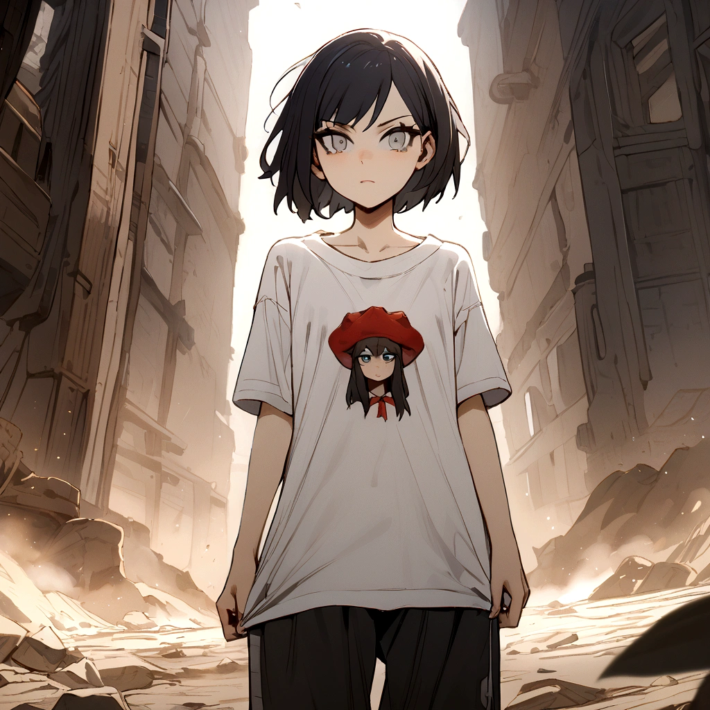 make me a female, 15 years old, black short hair, grey eyes, oversized white shirt, black sweatpants, she's grinning mischievously, battlefield behind her