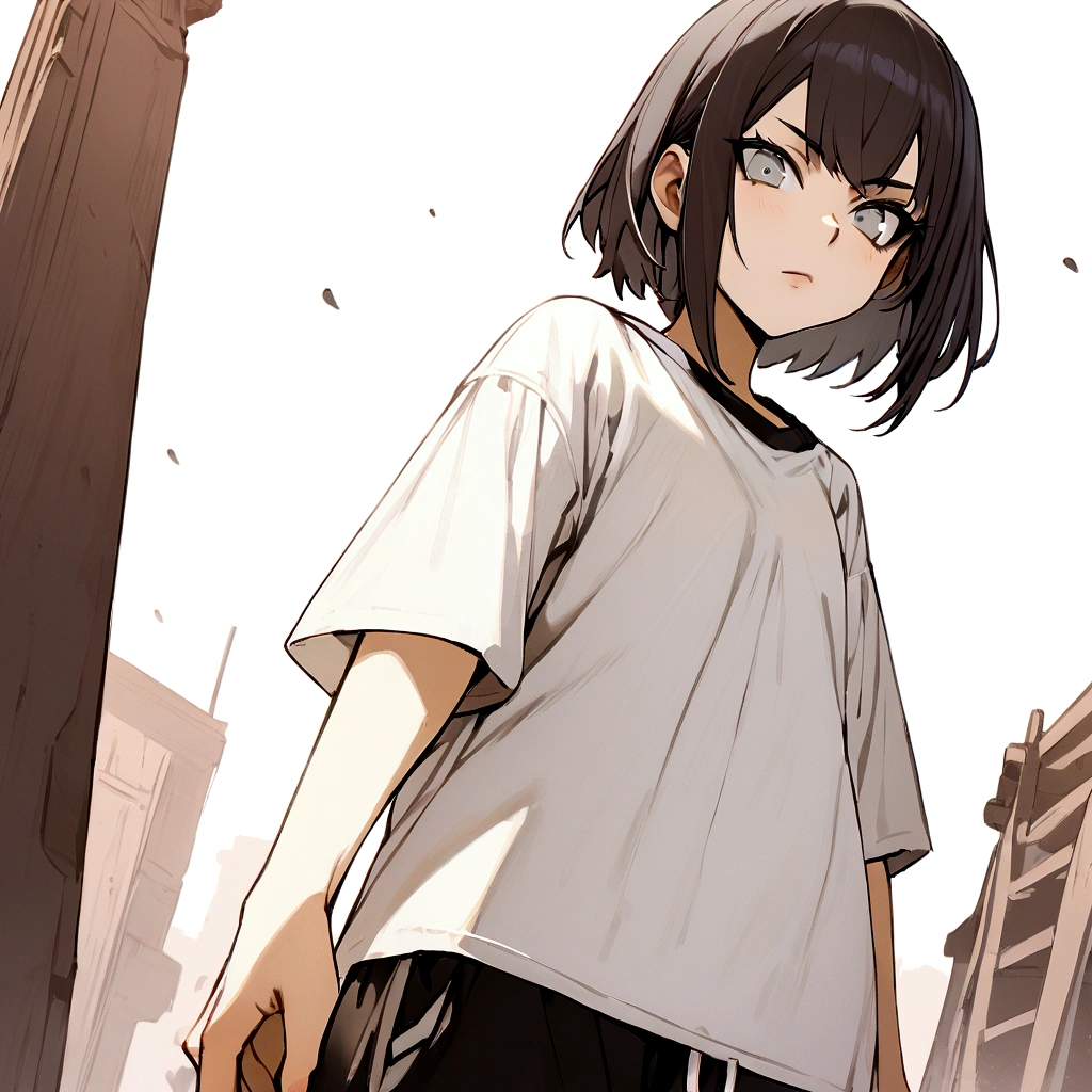make me a female, 15 years old, black short hair, grey eyes, oversized white shirt, black sweatpants, she's grinning mischievously, battlefield behind her
